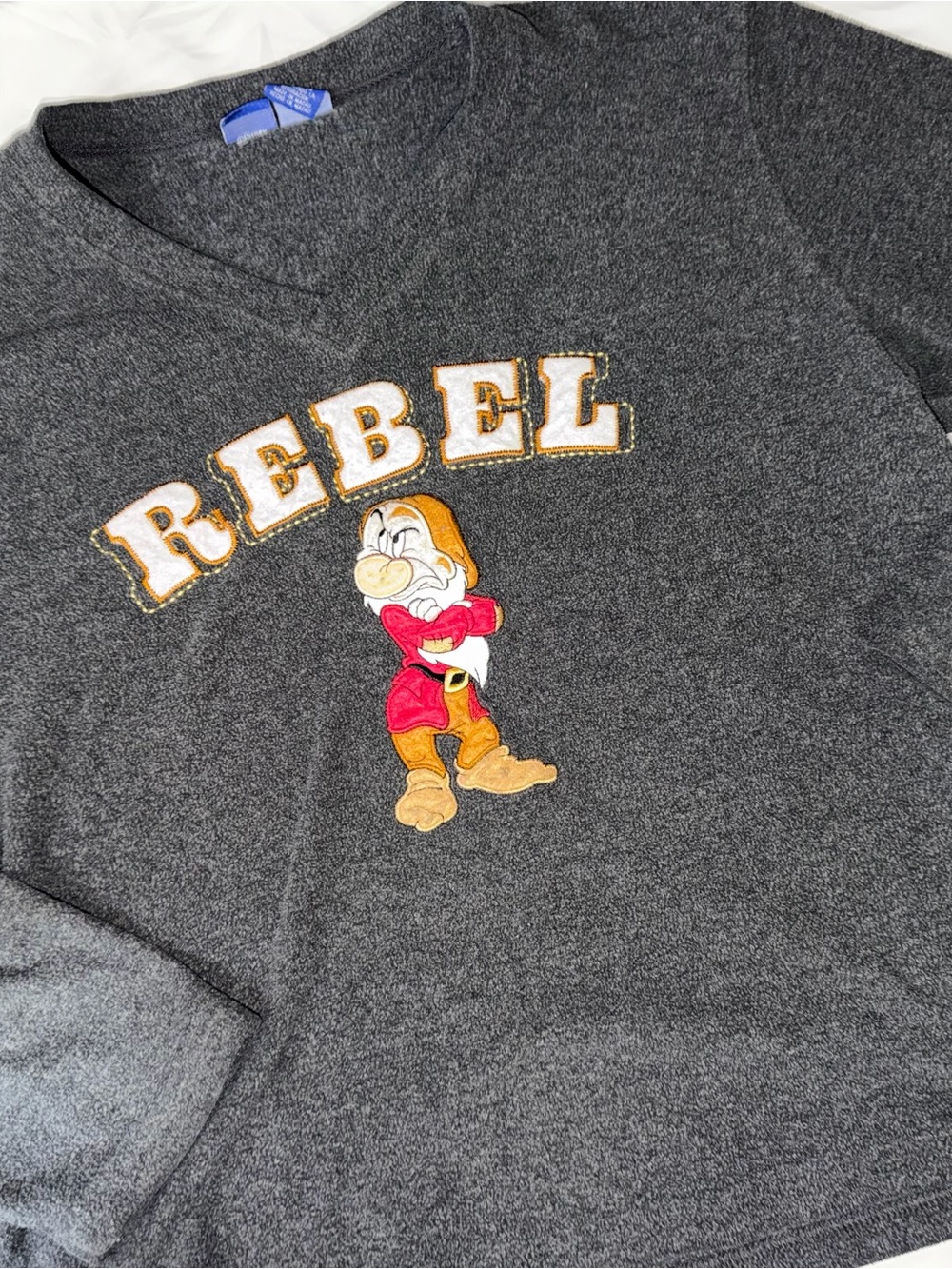 Vintage Y2K Disney Grey V-Neck Sweater with 'REBEL' and Grumpy Embroidery